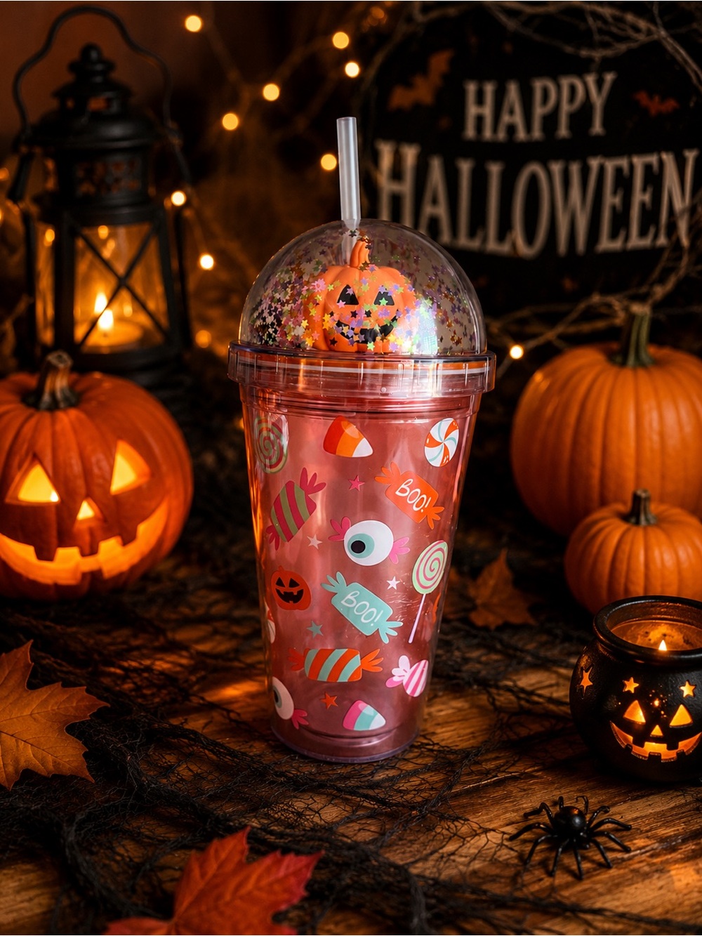 Halloween Candy Confetti Tumbler Cup - Pink